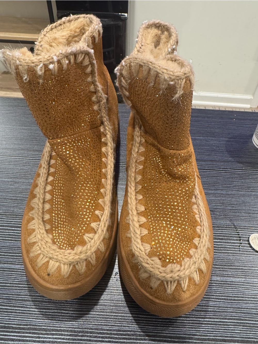 Blondo Chestnut Tan Crystal-Accented Faux-Fur Slip-On Boots